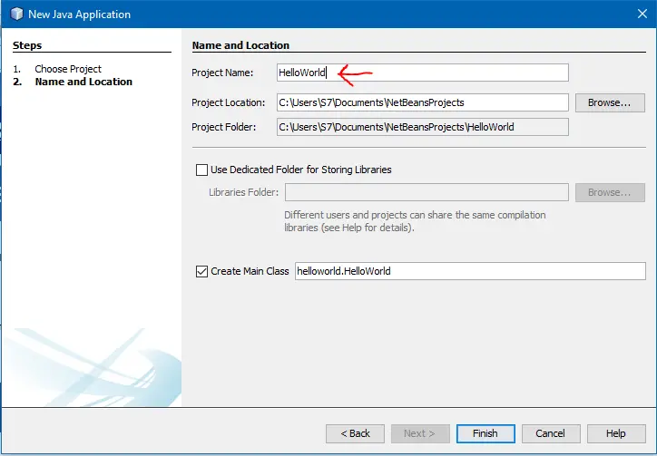 New Java Application dialog with HelloWorld as project name and helloworld.HelloWorld as the main class