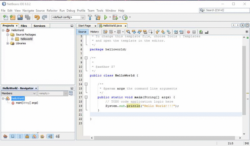 Clicking the green Run button in NetBeans to compile and execute HelloWorld
