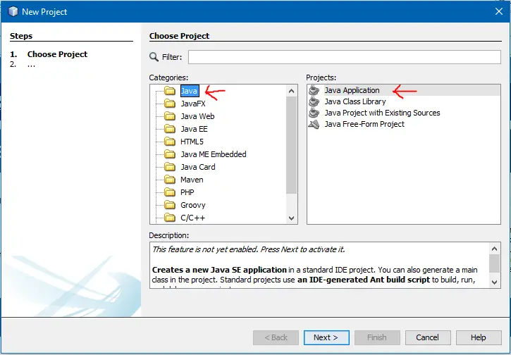 New Project dialog with Java selected in Categories and Java Application selected under Projects