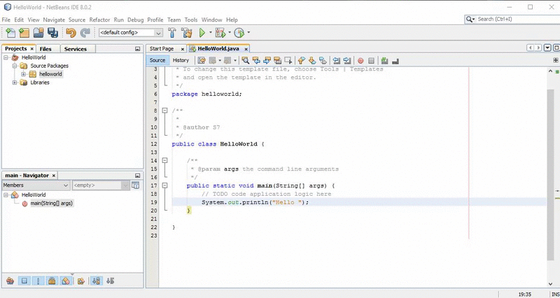Typing System.out.println into the HelloWorld main method in NetBeans